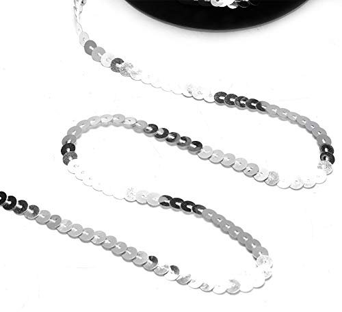 Paillettenborte PaillettenBand, Pailletten Bänder, Elastische Pailletten Trim, Flache Glitter Pailletten Trim, Paillettenbesatz, 6 mm, 100 Yard Silber Paillettenschnur, dekoratives Zubehör