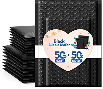 GSSUSA Bubble Mailer 100 Pack Small Padded Envelope with 4x8'' & 6x10'' Strong Adhesion Cute Padded Mailer,Self-Seal Bubble Envelope Mailing for Small Business, Black Bubble Mailers Shipping Envelopes