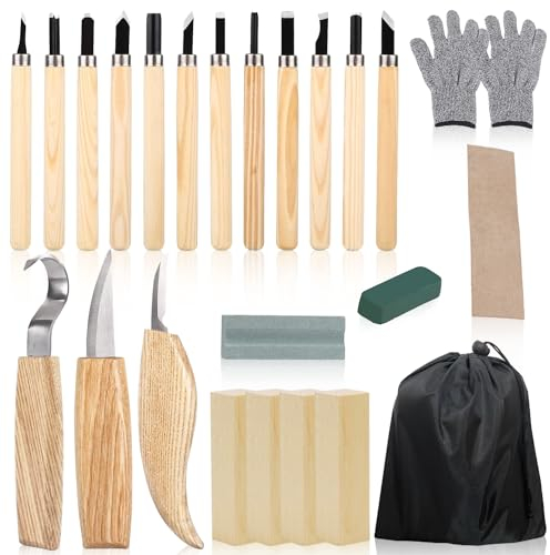 RobLuX Kit Intaglio Legno 23 Pezzi Strumenti per Intaglio Legno Coltelli da Intaglio Professionale con Pietre Abrasive per Principianti e Professionisti