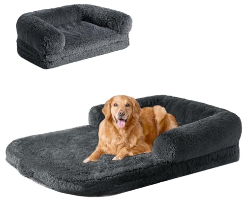 EHEYCIGA Foldable XXL Dog Bed for Large Sized Dog, 54x38x7.5 Faux Fur Fluffy Pet Couch Bed, Orthopedic Calming Memory Foam Big Pet Bed, Washable Pet Sofa Bed with Non-Slip Bottom, Dark Grey