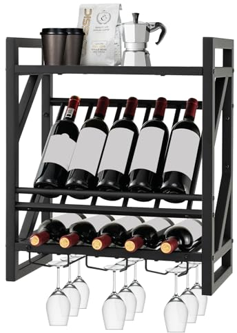 KOMFOTTEU Portabottiglie da parete con portabicchieri da parete, con portabicchieri, per appendere bottiglie, 20 kg di carico per strato, per cucina, cantina, bar (51 x 26,5 x 60 cm)