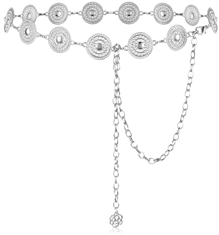 Amabro Damen Kettengürtel, Taillenkette Taille Gürtel Taille Kette Körperschmuck Bauchkette Körperschmuck Strand verstellbarer Metall Western Cowgirl Gürtel Silber Waist Chain für Kleid