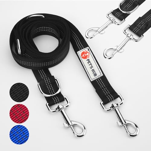 PET'S HUB Double-Ended Dog Lead, Large Size, 2m, Reflective, Adjustable Lengths, Hands-Free Running/Training, Leads for Dogs. (Black)