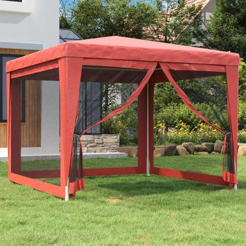 Homgoday Tente de Fête avec 4 Parois Latérales en Maille Rouge 3x3m PEHD, Tonnelle de Jardin Belvédère, Gazebo Pavillon de Extérieur, Chapiteau pour Camping, Fête, Barbecue