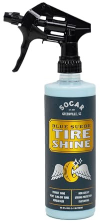 SOCAR Blue Suede Tire Shine Spray & Protectant. New-Tire Smooth Shine. for Rubber, Vinyl, Plastic, Leather, 16 fl oz. UV Protection, No Sling, for Cars, Motorcycles, RVs.