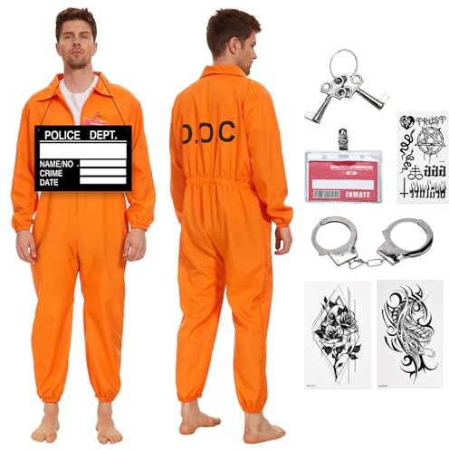 JONRRYIN Disfraz de convicto para hombre, disfraz de prisionero, naranja, disfraz de prisionero para hombre con placa de nombre y esposas, mono Prisoner para adultos, cosplay, carnaval (M)