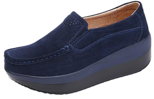 rismart Mujeres Piel de Ante Zapatillas de Cuña Zapatos de Plataforma Slip on Mocasines Azul Marino, 39 EU
