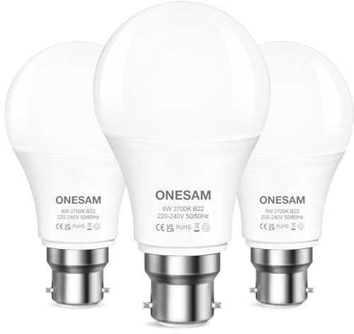 ONESAM Bayonet Light Bulb 60w Equivalent,B22 LED Bulbs Warm White 2700K,9W 830LM A60 GLS Energy Saving Lightbulbs Bayonet,220-240V,Non-dimmable,Pack of 3