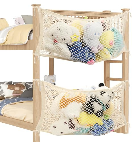 LAHAQIQI Spielzeug Kuscheltier Aufbewahrung Netz für Kinderzimmer，Bettseite Stofftier Organizer Hängend Baumwolle Netztasche mit Tethe für Kinder (Beige, 2 Stück)
