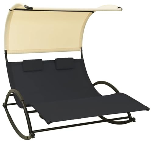 IKAYAA Doppel-Sonnenliege Doppelliege mit Sonnendach, Relaxliege, Gartenliege, Schaukelliege ergonomische Liegefläche, Textilene, Schwarz und Creme