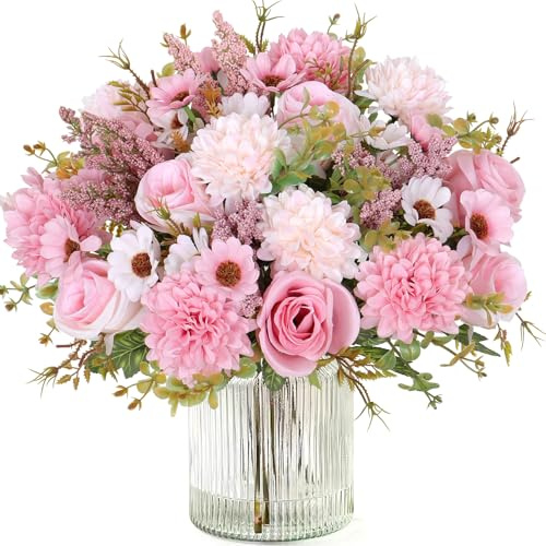 MEIVINES Flores Artificiales 4 Piezas Ramo de Seda de Rosas y Margaritas Artificiales Flores Artificiales Decoracion para Boda, Hogar, Mesa, Fiesta (Rosa, 4PCS)