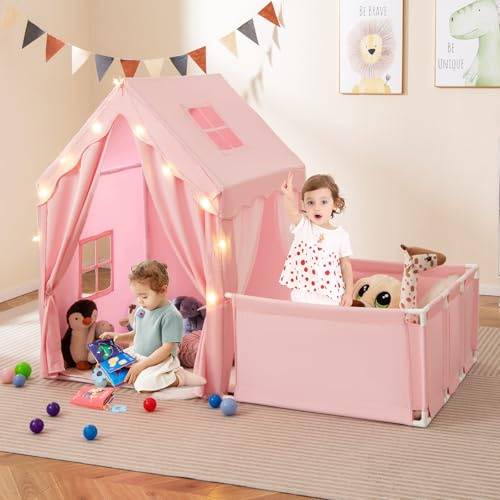 COSTWAY Tienda Campaña Infantil con Parque Infantil Bebe, 2 en 1 Casita Infantil Interior con Alfombra Acolchada, Luces de Estrellas, Puerta, Cortinas y Ventanas Laterales (Rosa)
