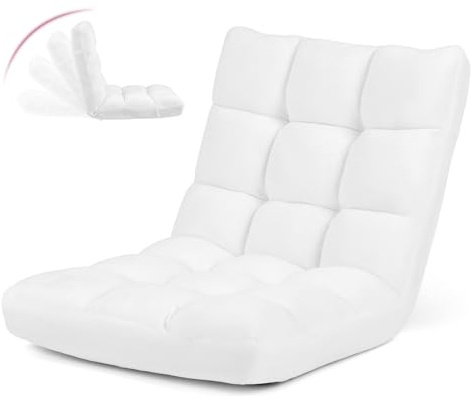 COSTWAY Sedia da Pavimento, Cuscino Imbottito da Terra con Schienale Regolabile a 14 Livelli, Poltrona Pieghevole Relax, Lettura, Yoga, per Soggiorno, Camera da Letto (Bianco, 68 x 57 x 56 cm)