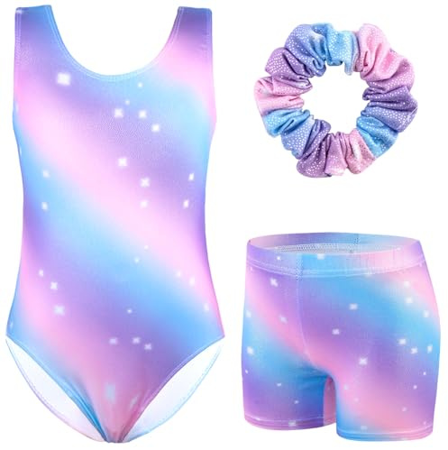 XiaoMoSha Girls 3 Piece Gymnastics Leotards Set with Shorts and Hairband Sleeveless Sparkly Dance Gymnastics Athletic Outfits for Ballet, 7-8 Years, PinkPurple