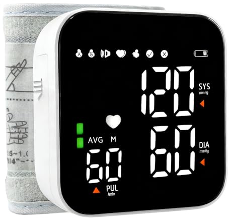 Tensiometro de Muñeca, Tensiómetro De Muñeca con Pantalla Táctil Led, Tensiómetro de Muñeca con Memoria de Lectura de 99x2 & Salida de Voz Automática, Recargable