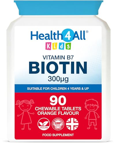 Health4All Kids D-Biotin 90 Chewable Tablets 3 Months Supply, Hair Growth and Strong Nails Supplement for Children 4+, Natural Vegan Orange Flavour, Sugar Free | Made in UK (not Gummies)
