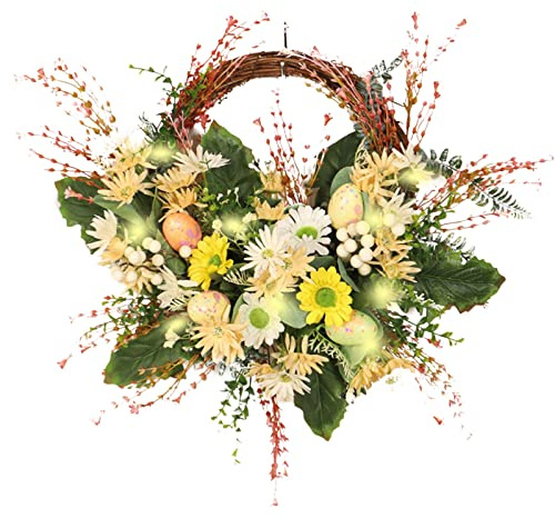 JFBUCF Couronne de Pâques artificielle de 50 cm pour porte d'entrée, couronne d'œufs de Pâques avec marguerites et lumières LED, couronne florale printanière, décoration de la ferme