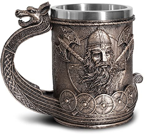 Ottalent Noric Viking Ship Draon Drakkar Beer Mug Stainless Steel Liner, Bronze Color Viking Warrior Coffee Cup Stein for Collectible Gift 17oz.
