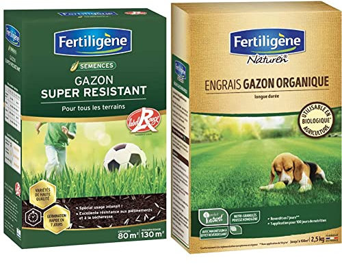 Fertiligene Gazon Super Résistant Label Rouge, 80m² & NATUREN Engrais Gazon Organique 100m² 2,5kg