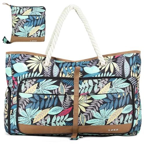 Lekespring XXL Grand Sac de Plage Femme avec Compartiment Chaussures Séparé, 35 Litres - Cabas Plage Pliable Imperméable, Idéal pour la Plage, les Voyages et un Usage Quotidien - Forêt Tropicale