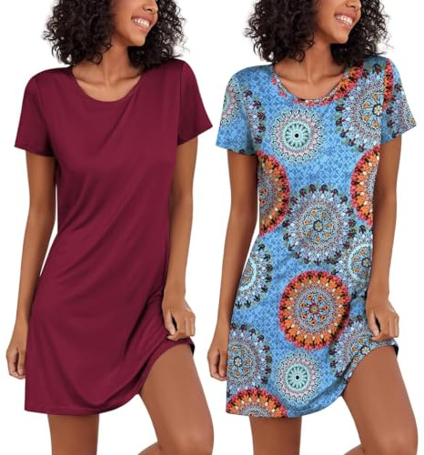 Ekouaer Nattlinne damer, tvådelad sovskjorta, kortärmade nattkläder, sovskjorta, lätt sovtröja, 2-pack, S–XXL, Vinröd + pat1, M