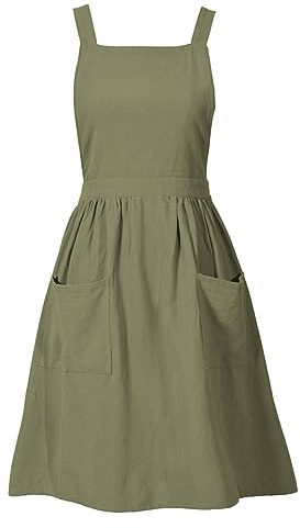 Pinknoke Cotton Linen Pinafore Apron Dress for Women with Pockets Cute Art Chef Aprons for Kitchen Baking Gardening Painting (Olive Green)