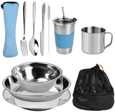 Campingbesteck Set 10-Teiliges,Tragbares Edelstahl Outdoor Geschirr Set für Camping,2 Personen Campingbesteck Set,Outdoor Reisebesteck mit Messer Gabel Löffel für Camping Picknick Reisen Wandern