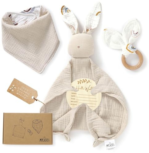 LUCOI Organic Cotton Baby Gift Set – 4 Piece Muslin Bunny Lovey Blanket + Teether Ring + Bandana Bib + Announcement Card | Gender Neutral Newborn Gift Box | Organic Lovey for Babies