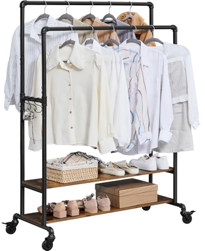 Yaheetech Kleiderständer mit 2 Kleiderstangen, 2 Ablagen und 6 Haken Garderobenständer auf Rollen Metall Garderobe für Schlafzimmer/Flur/Eingangsbereich, bis 90 kg belastbar, 100 × 45 × 161,5 cm
