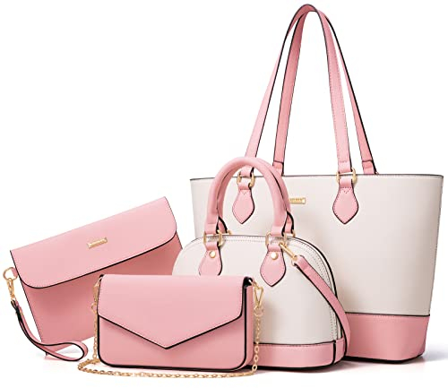 Bagsure Handtasche Damen Schultertasche Handtaschen Tragetasche Damen 4-teiliges Set für Büro Schule Einkauf Reise Geschenk (Rosa/weiß)