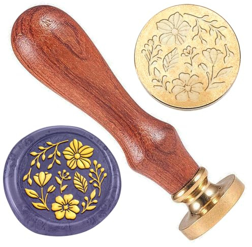 DELORIGIN Sello de cera para flores, sello en relieve, sello vintage elegante, sello de cera extraíble, 25 mm, sello de latón, sello de cera, mango de madera para invitaciones de boda, sobres, regalos