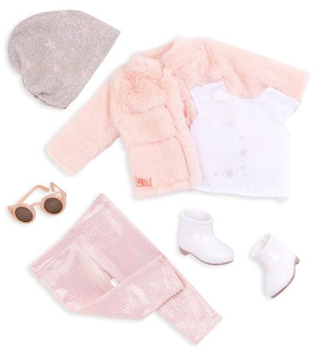 Our Generation - Fantasia e pelliccia - Completo da cappotto in pelliccia sintetica rosa - Accessori moda - Vestiti per bambole da 46 cm - Gioco di finzione - Giocattolo per bambini dai 3 anni in su