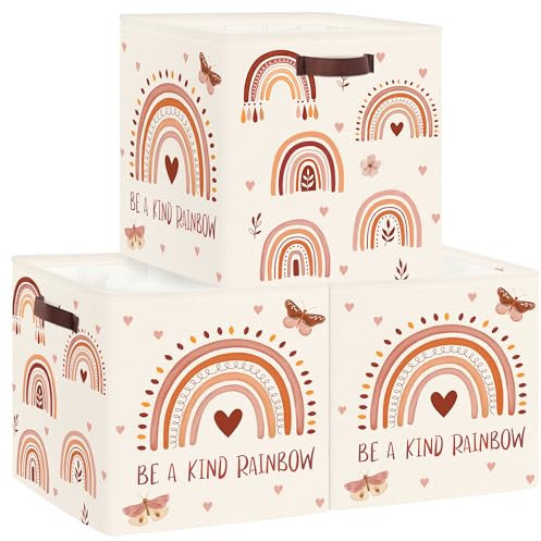 Clastyle Set di 3 Cubi Portaoggetti Ripiegabili Boho Arcobaleno Kallax Contenitori Maniglia per Scaffale Scatole Portaoggetti Genitore per Libro Giochi,Farfalla,30x30x30 cm