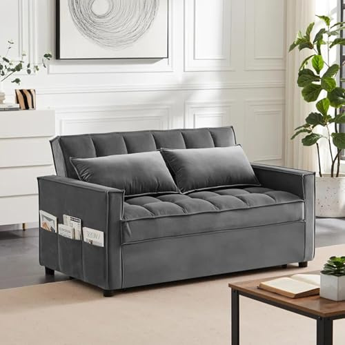 SQUAREBOXX 2 Seater Pull Out Sofa Bed in Velvet Fabric, Adjustable Click Clack Mechanism, For Living Rooms, Guest Rooms, Home Office. (Grey)
