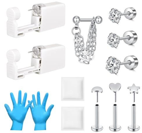 AVYRING Kit per piercing all'orecchio da 16 G, in acciaio inox, per trago, conchiglia, elica, cartilagine e cartilagine integrati, pistola per piercing automatica e indolore, strumento per piercing