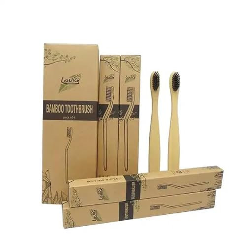 LouiQ Brosses à dents en bambou - Brosses à dents en bois biodégradables et écologiques - Vegan naturel - Brosse à dents en charbon de bambou bio de qualité supérieure.