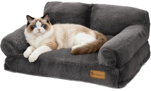 FAMIDGE Plush Cat Couch Bed - Cat Bed for Indoor Cats, Dog Sofa Bed, Short Rabbit Fleece Calming Pet Couch with Removable Cover, Anti-Shedding Pet Sofa for Small/Medium Pets (26×18×12in, Dark Grey)