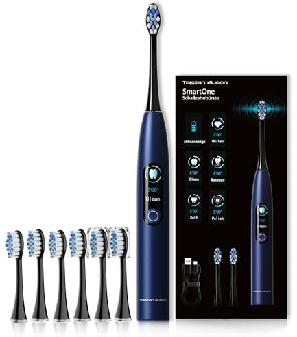 Tristan Auron Elektrische Schallzahnbürste – 48.000 Schwingungen, 5 Modi, Farbdisplay, USB-C, 6-8 Wochen Akku, IPX7 wasserdicht + 6 Aufsätze mit Schutzhülle SmartOne (Blau)