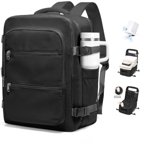 VENATIN sac a dos voyage cabine avion 40x30x20 sous vide,Bagage Cabineà Main avec Compression Ryanair Wizz,Sac à Dos de Voyage Sac Cabine Avion avec Pompe,pour Homme et Femme,Noir