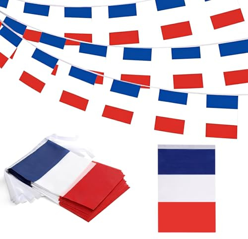 Bandiera Francia 2 Pezzi, Festone con 40 Bandierine Francesi 14x21cm, Totale 10m Ghirlanda in Poliestere per Eventi Sportivi, Feste Nazionali, Bar e Decorazioni Esterne