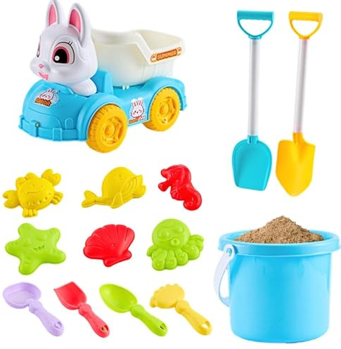 Hobngmuc Set 14 Pezzi Giocattoli Spiaggia per Bambini - Carrello Trasporto Sabbia, Secchiello, Pale e Stampini per 1+ Anno, Sabbionaia e Giochi al Mare per Bambini Piccoli