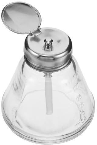 GAOHOU 180 ml glasflaska med trycktyp, läckagesäker flödesdispenser med rostfritt stål antikorrosionspumphuvud, transparent alkoholflaska, genomskinlig behållare för nagelkonst, skönhetsförvaring av