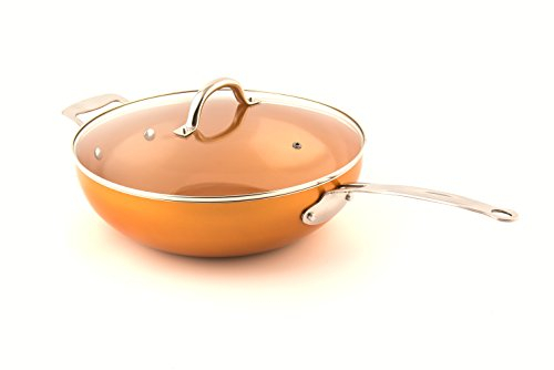 Masterpan Wok antiaderente in rame con coperchio, 30 cm, non tossico, padella da campeggio, wok in ceramica sana con coperchio, perfetta come padella per friggere o padella per noodle, padella