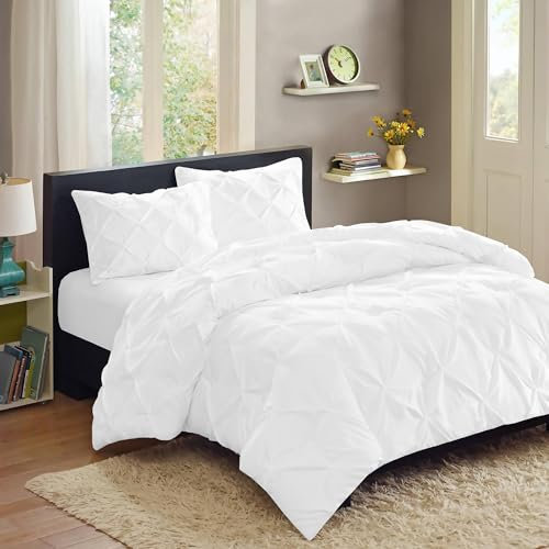 Ray Bedding & Linen 400 Thread Count Pintuck Double Duvet Set - 100% Egyptian Cotton Quilt Cover With Pillow Cases - 3pc Bedroom Accessories Set (White)