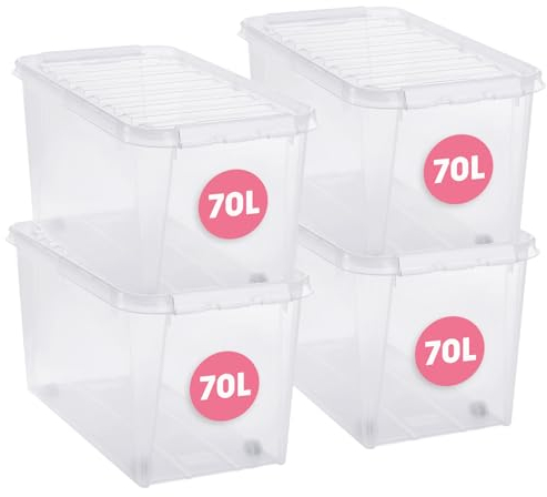 SmartStore - 4x Aufbewahrungsbox mit Deckel Classic 70L (72x40x38cm) | Stapelbare Box mit Deckel | Lebensmittelechte Kunststoffbox | Plastikbox mit Deckel & verstärkten Ecken | 10 Jahre Garantie