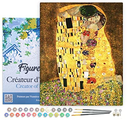 Figured'Art Peinture par Numéro Adulte avec Cadre Le baiser Klimt - Activité Manuelle Kit de Loisir Créatif DIY Numéro d'Art Complet - 40x50cm toile tendue sur châssis
