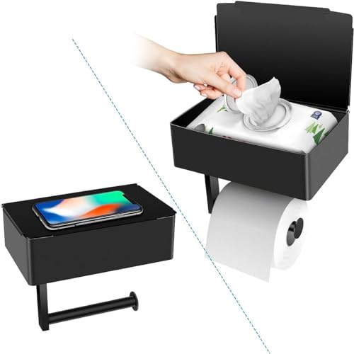 BOSOEI Toilet Paper Holder with Storage, Shelf of Bathroom Toilet Tissue Holder, Toilet Paper Roll Holder, Black Stainless Steel Wall Mount, No Installation & Flushable Wet Wipes Storage
