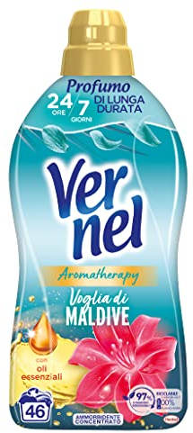 Vernel Aromatherapy Voglia di Maldive, Ammorbidente Lavatrice Concentrato, Sensazione Di Profumo Come Appena Lavato, confezione singola da 46 lavaggi