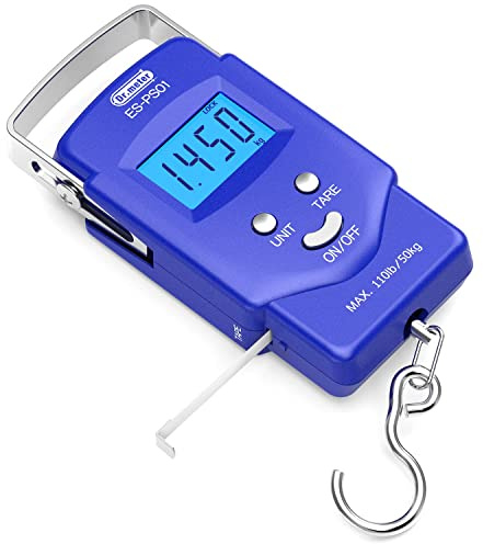 Dr.meter Bilancia da pesca (PS01), 110 lb/50 kg, con display LCD illuminato, metro a nastro, bilancia portatile digitale con gancio, 2 batterie AAA, regali da pesca per uomini