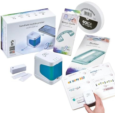 COLOP e-Mark Go Portable Digital Stamp Printer Set– Customizable, Rechargeable, Wireless & Easy-to-Use, Includes Ruler, Ribbon Guide, 15mm Cotton Ribbon (e-Mark go Set)
